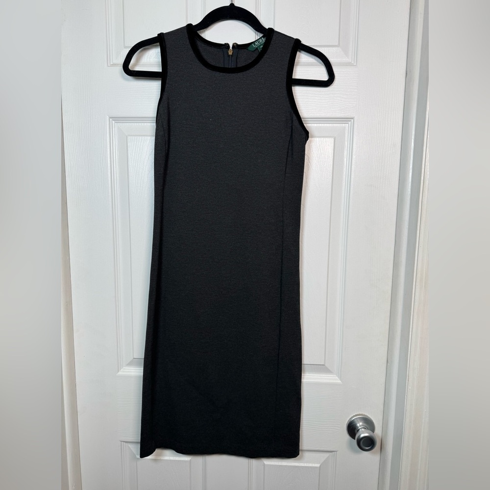 Lauren Ralph Lauren Charcoal Gray Knit Sheath Dress Black Trim XS